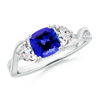 6mm AAAA Cushion Tanzanite and Half Moon Diamond Leaf Ring in P950 Platinum