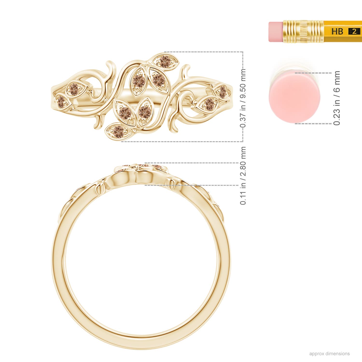 1.3mm AAA Nature Inspired Pave-Set Coffee Diamond Leaf and Vine Ring in Yellow Gold - ruler