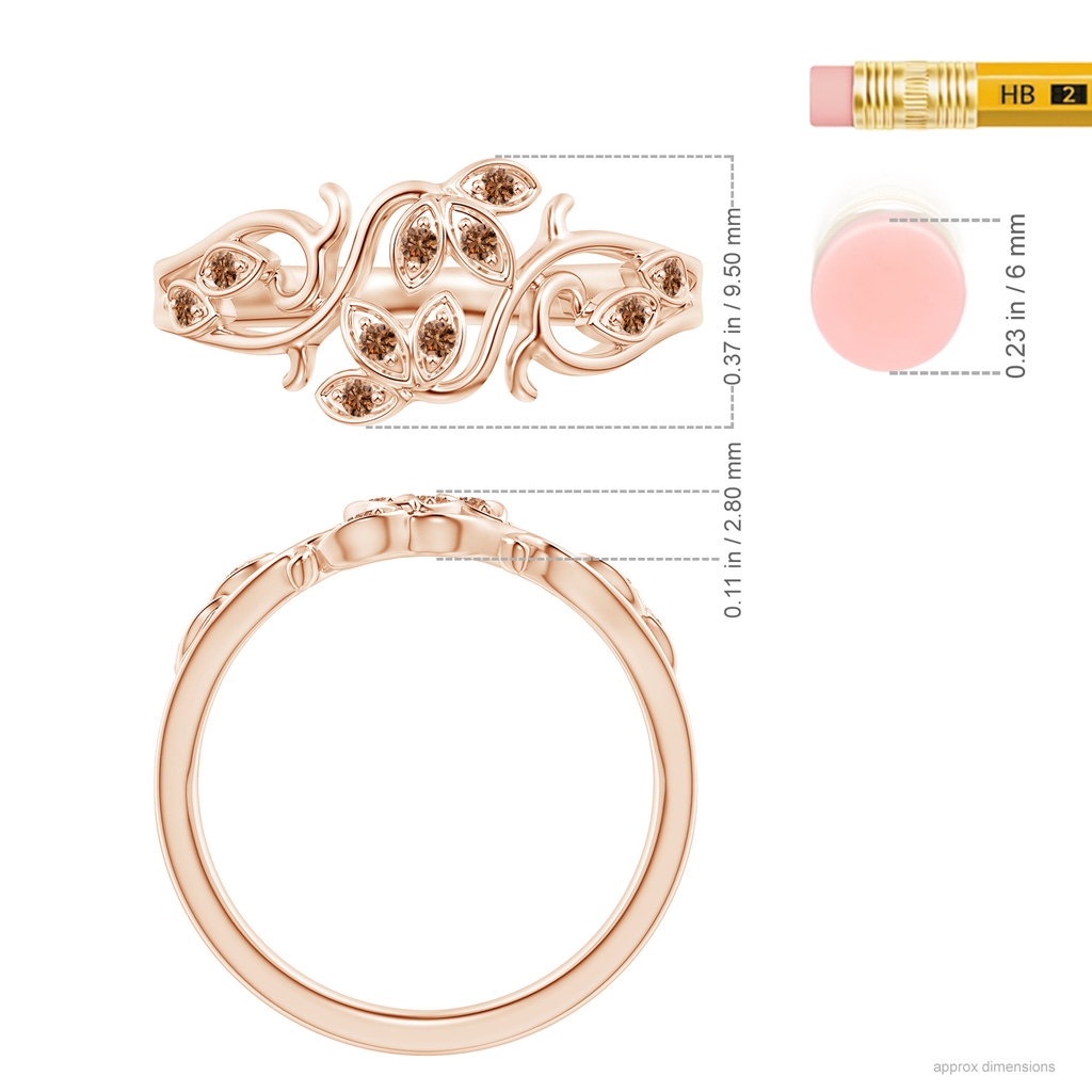 1.3mm AAAA Nature Inspired Pave-Set Coffee Diamond Leaf and Vine Ring in Rose Gold Ruler
