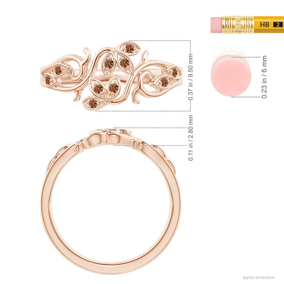 1.3mm AAAA Nature Inspired Pave-Set Coffee Diamond Leaf and Vine Ring in Rose Gold ruler