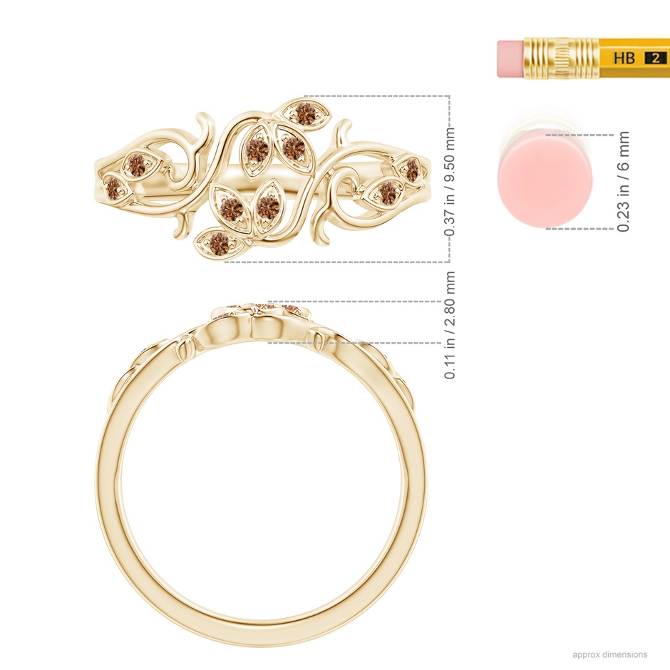 1.3mm AAAA Nature Inspired Pave-Set Coffee Diamond Leaf and Vine Ring in Yellow Gold ruler