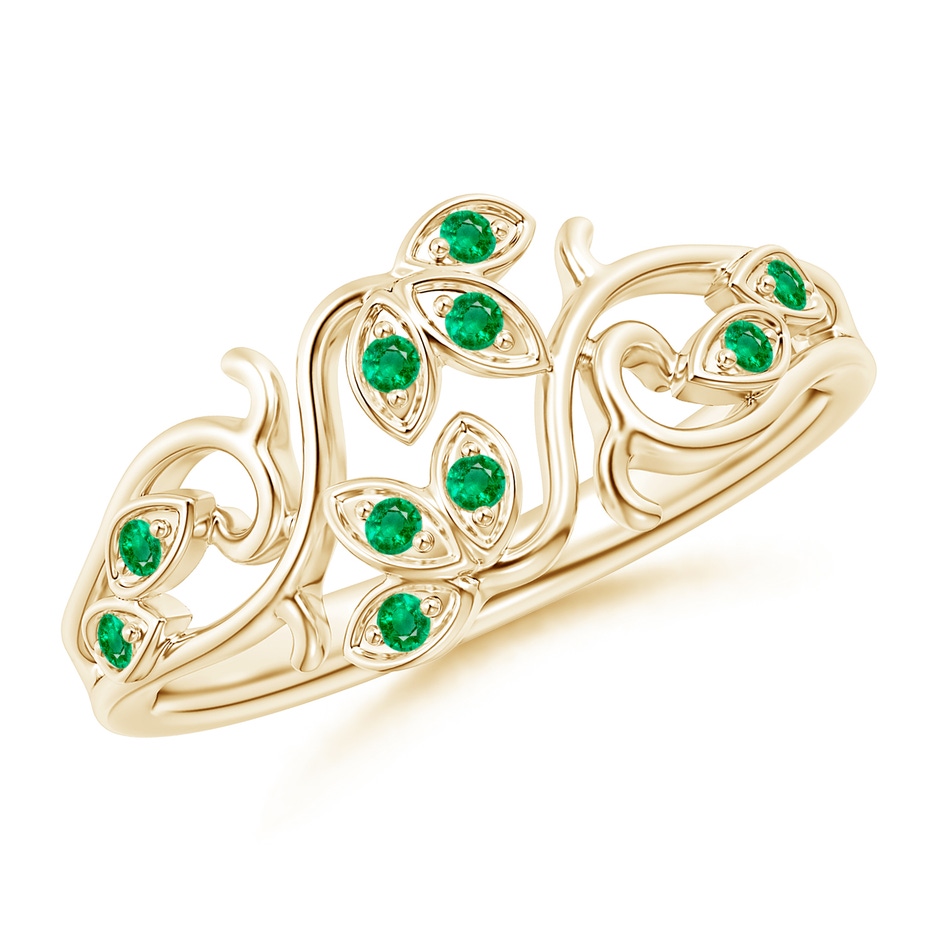 1.3mm AAA Nature Inspired Pavé-Set Emerald Leaf and Vine Ring in Yellow Gold 