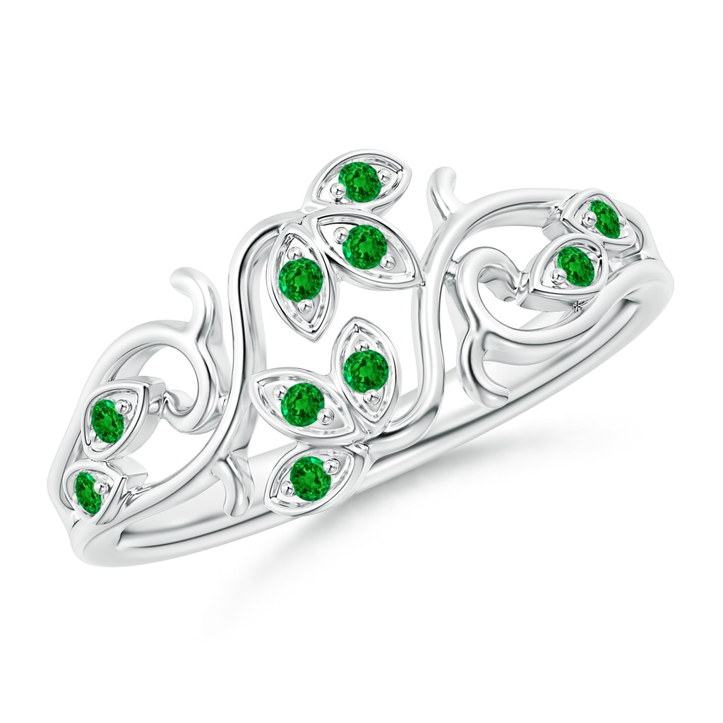 1.3mm AAAA Nature Inspired Pavé-Set Emerald Leaf and Vine Ring in White Gold