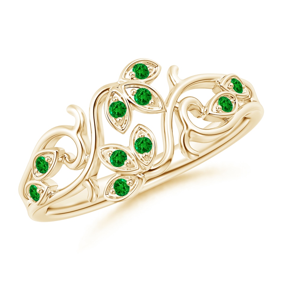 1.3mm AAAA Nature Inspired Pavé-Set Emerald Leaf and Vine Ring in Yellow Gold 