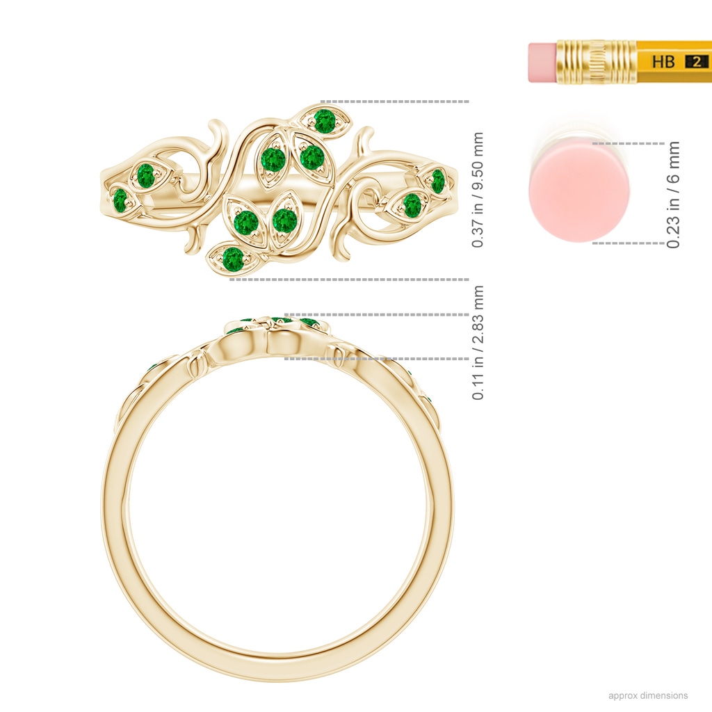 1.3mm AAAA Nature Inspired Pavé-Set Emerald Leaf and Vine Ring in Yellow Gold Ruler
