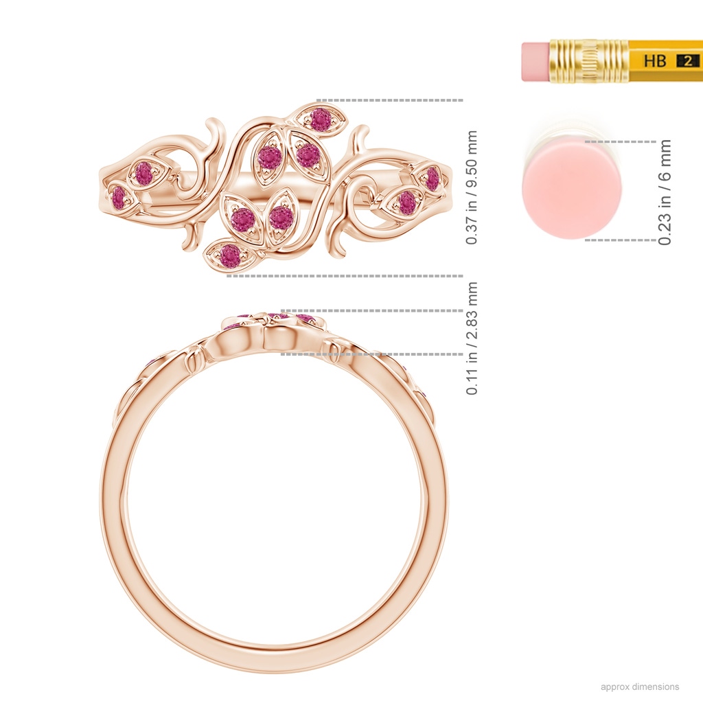 1.3mm AAAA Nature Inspired Pavé-Set Pink Sapphire Leaf and Vine Ring in Rose Gold Ruler