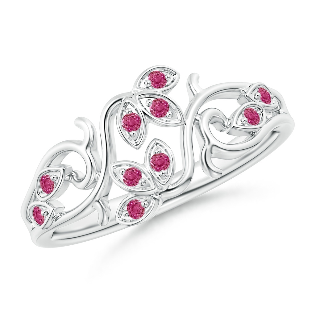 1.3mm AAAA Nature Inspired Pavé-Set Pink Sapphire Leaf and Vine Ring in White Gold