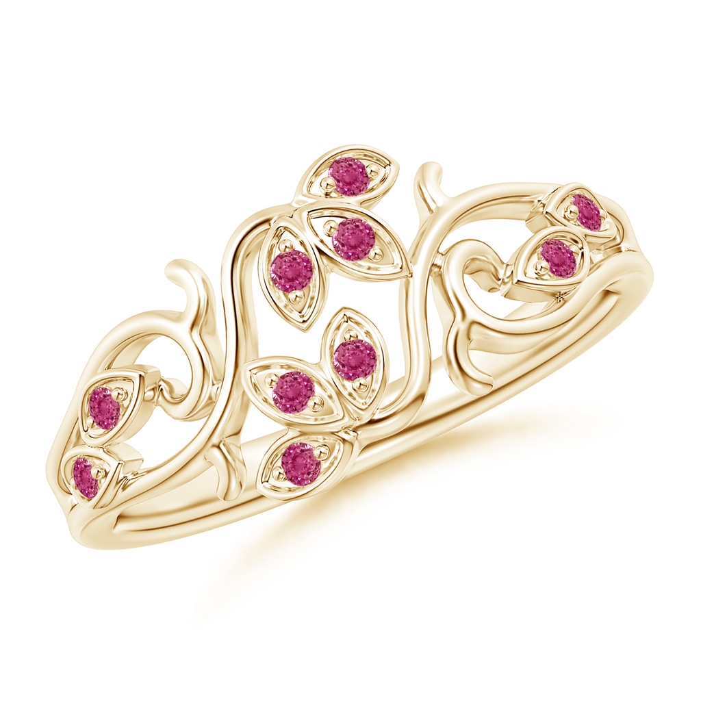 1.3mm AAAA Nature Inspired Pavé-Set Pink Sapphire Leaf and Vine Ring in Yellow Gold