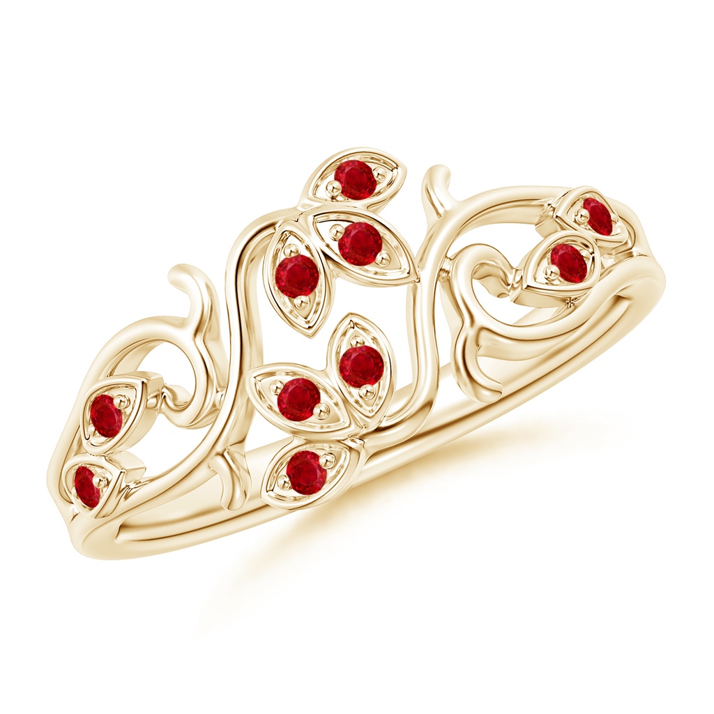 1.3mm AAA Nature Inspired Pavé-Set Ruby Leaf and Vine Ring in Yellow Gold 