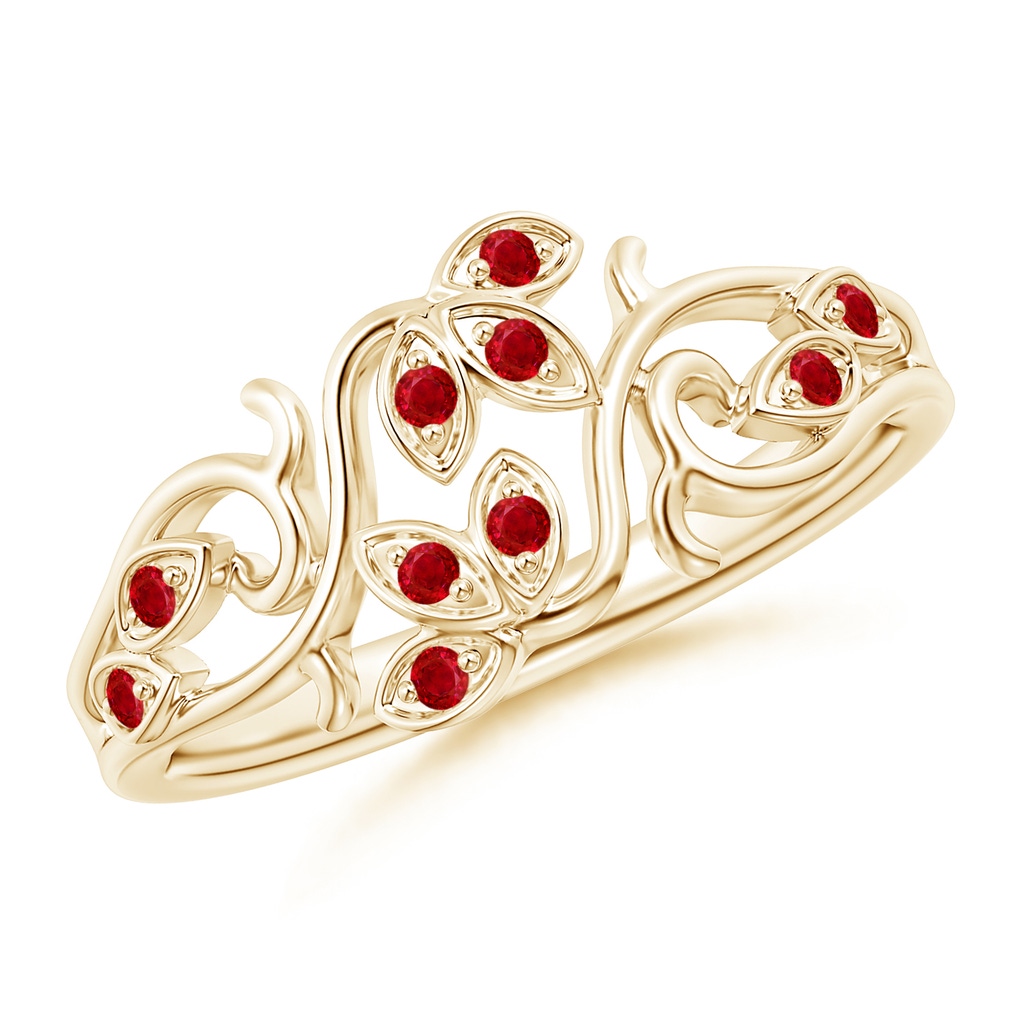 1.3mm AAA Nature Inspired Pavé-Set Ruby Leaf and Vine Ring in Yellow Gold