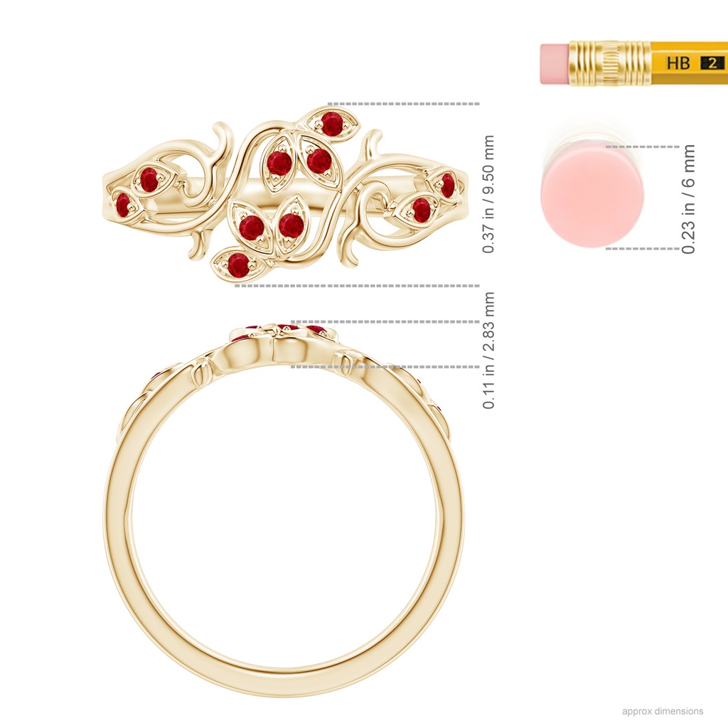 1.3mm AAA Nature Inspired Pavé-Set Ruby Leaf and Vine Ring in Yellow Gold Ruler