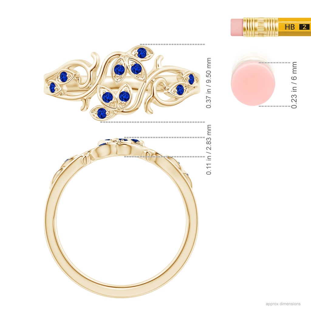 1.3mm AAAA Nature Inspired Pavé-Set Sapphire Leaf and Vine Ring in Yellow Gold Ruler