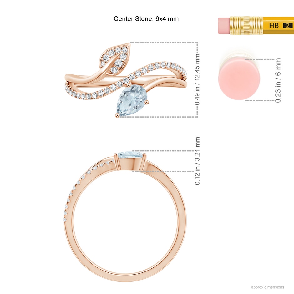 6x4mm A Aquamarine and Diamond Bypass Ring with Leaf Motif in Rose Gold ruler