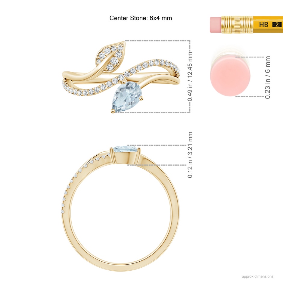 6x4mm A Aquamarine and Diamond Bypass Ring with Leaf Motif in Yellow Gold ruler
