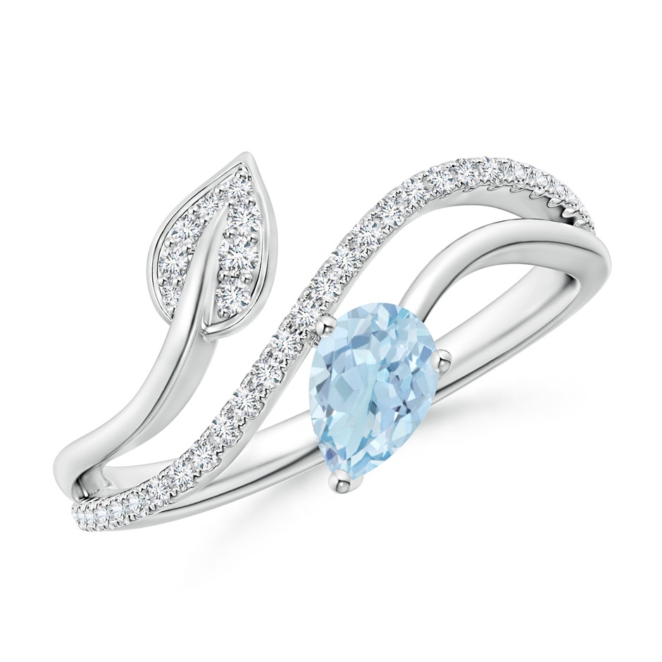 6x4mm AA Aquamarine and Diamond Bypass Ring with Leaf Motif in White Gold 