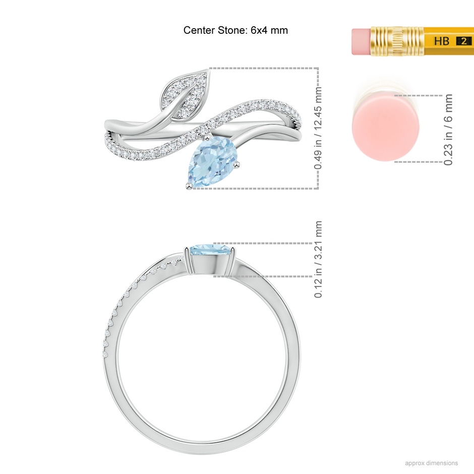 6x4mm AA Aquamarine and Diamond Bypass Ring with Leaf Motif in White Gold ruler