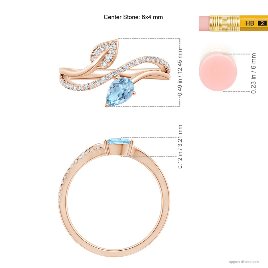 6x4mm AAA Aquamarine and Diamond Bypass Ring with Leaf Motif in Rose Gold ruler