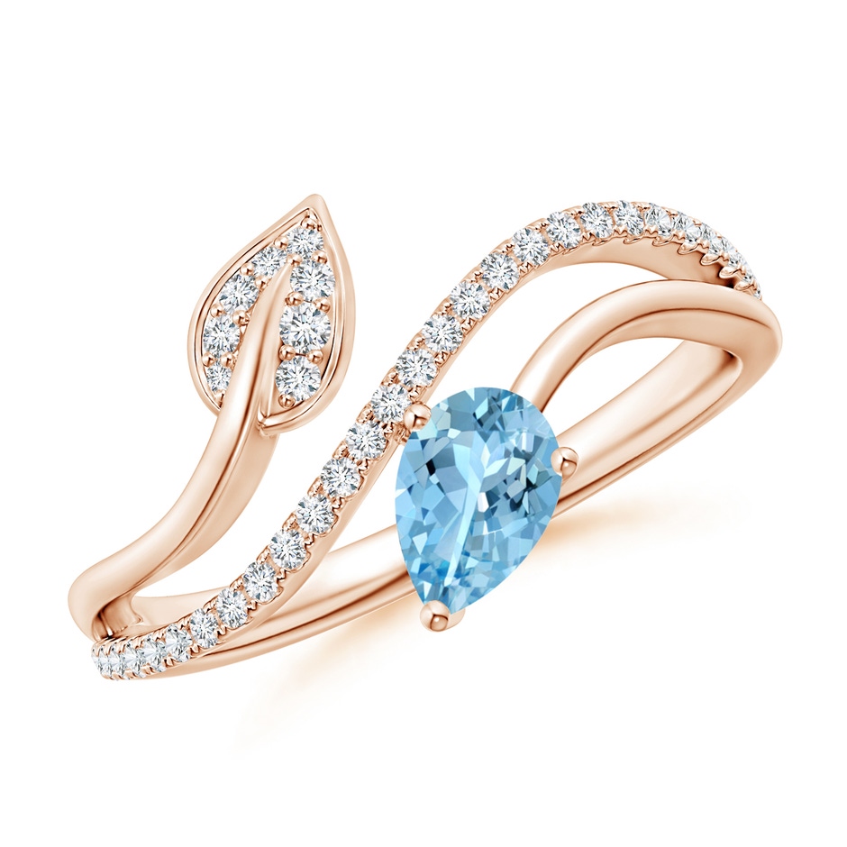 6x4mm AAAA Aquamarine and Diamond Bypass Ring with Leaf Motif in Rose Gold 