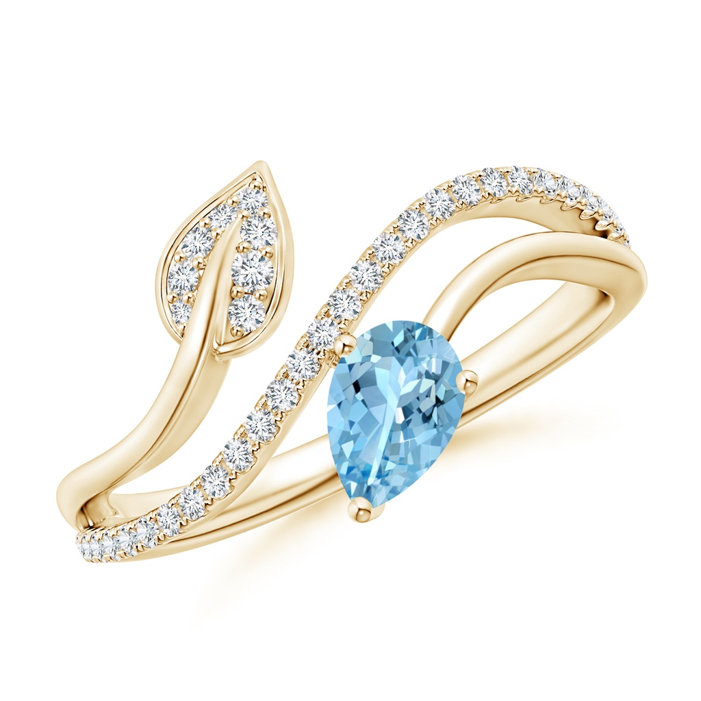 6x4mm AAAA Aquamarine and Diamond Bypass Ring with Leaf Motif in Yellow Gold