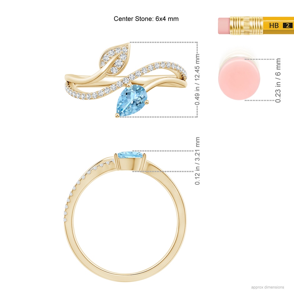 6x4mm AAAA Aquamarine and Diamond Bypass Ring with Leaf Motif in Yellow Gold ruler