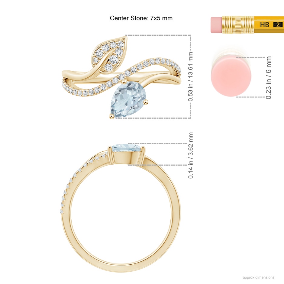 7x5mm A Aquamarine and Diamond Bypass Ring with Leaf Motif in Yellow Gold ruler