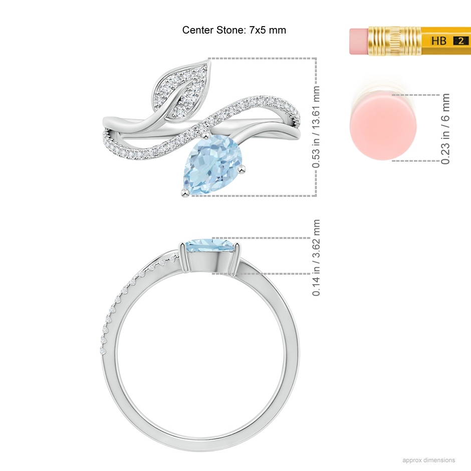 7x5mm AA Aquamarine and Diamond Bypass Ring with Leaf Motif in White Gold ruler