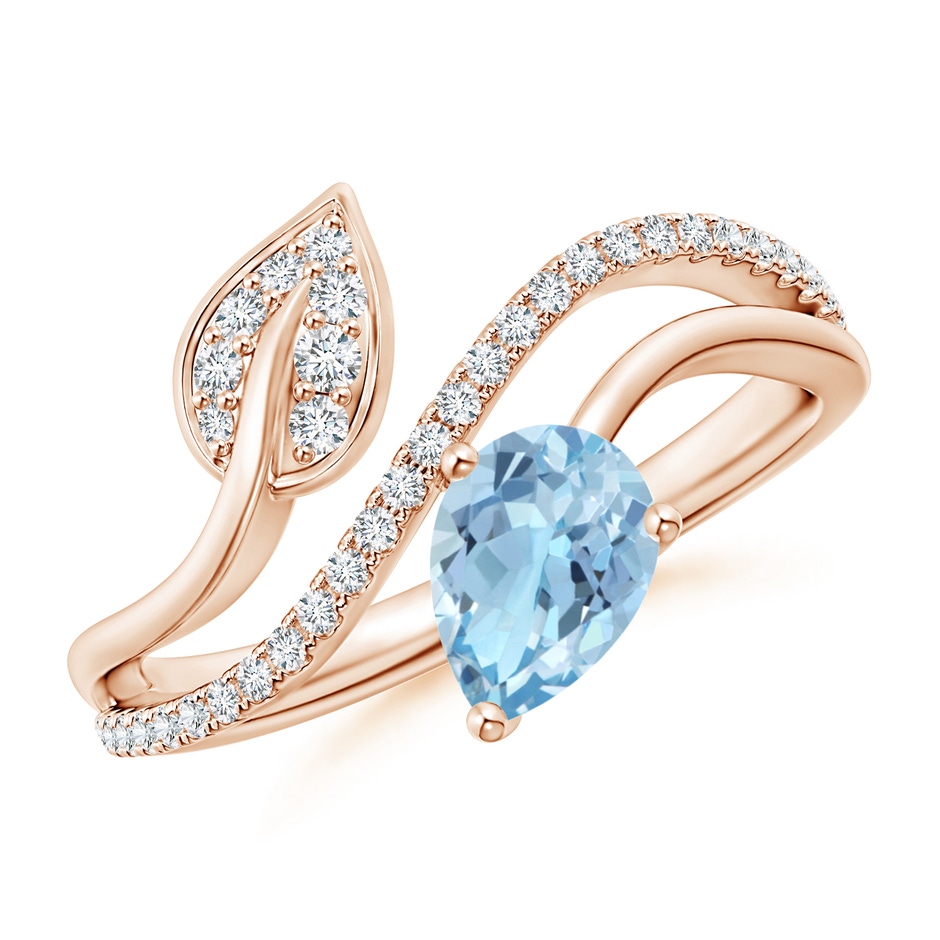 7x5mm AAA Aquamarine and Diamond Bypass Ring with Leaf Motif in Rose Gold 