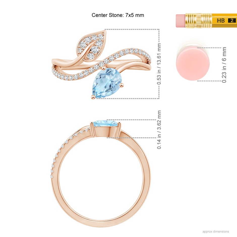 7x5mm AAA Aquamarine and Diamond Bypass Ring with Leaf Motif in Rose Gold ruler