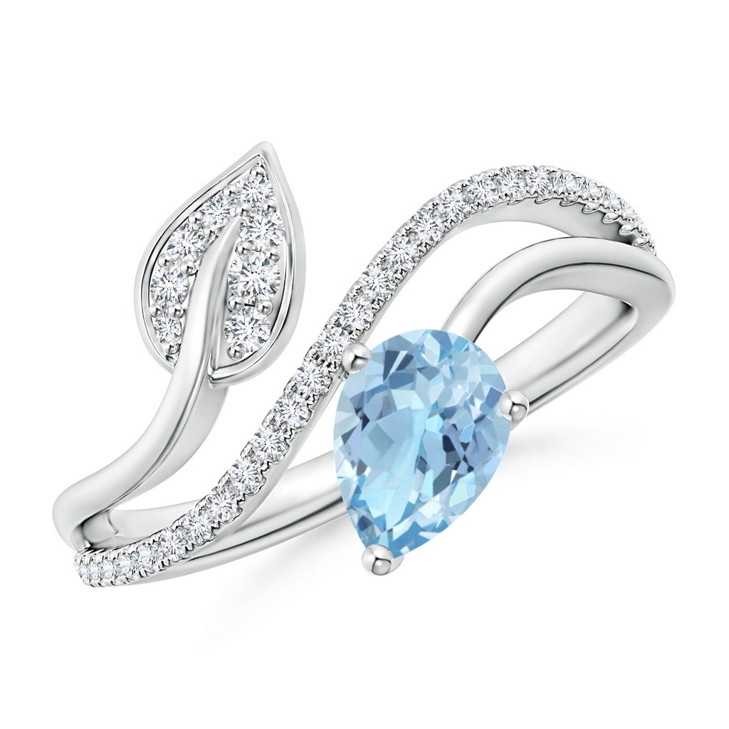 7x5mm AAA Aquamarine and Diamond Bypass Ring with Leaf Motif in White Gold