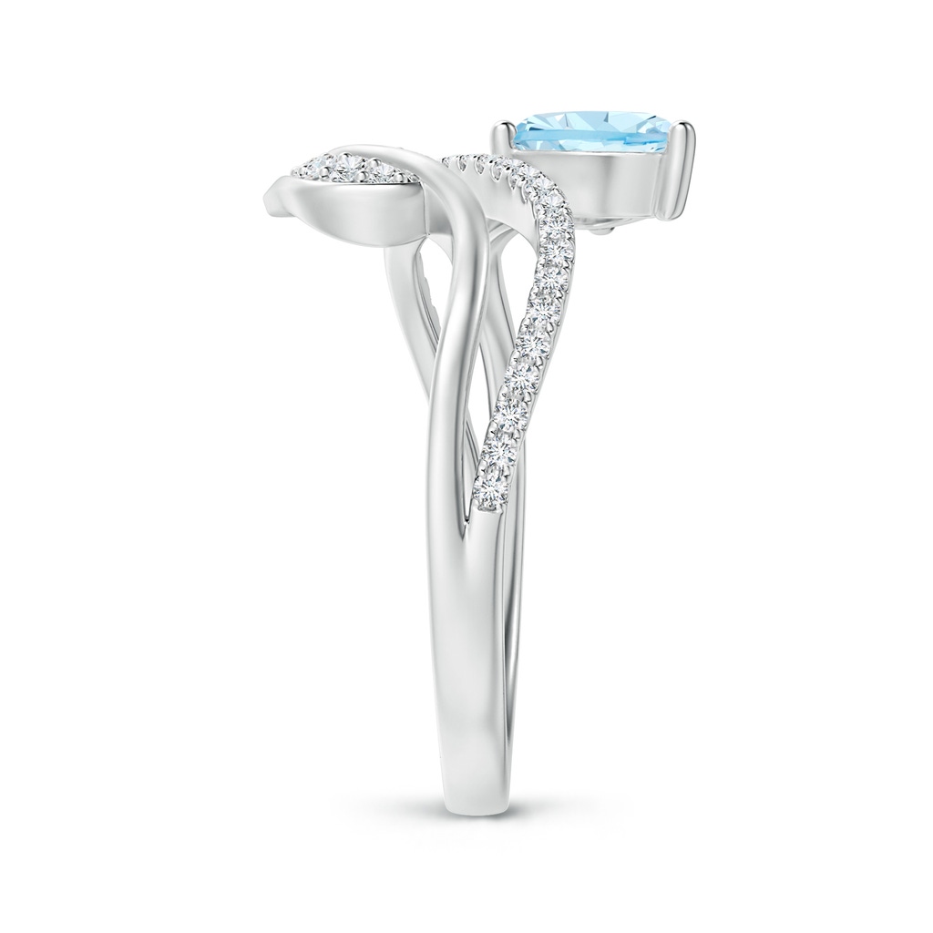 7x5mm AAA Aquamarine and Diamond Bypass Ring with Leaf Motif in White Gold Side-2