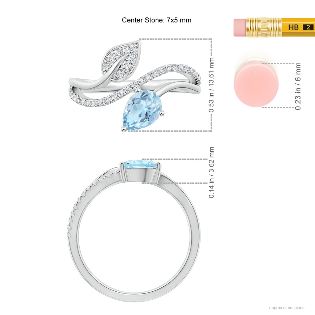 7x5mm AAA Aquamarine and Diamond Bypass Ring with Leaf Motif in White Gold Ruler