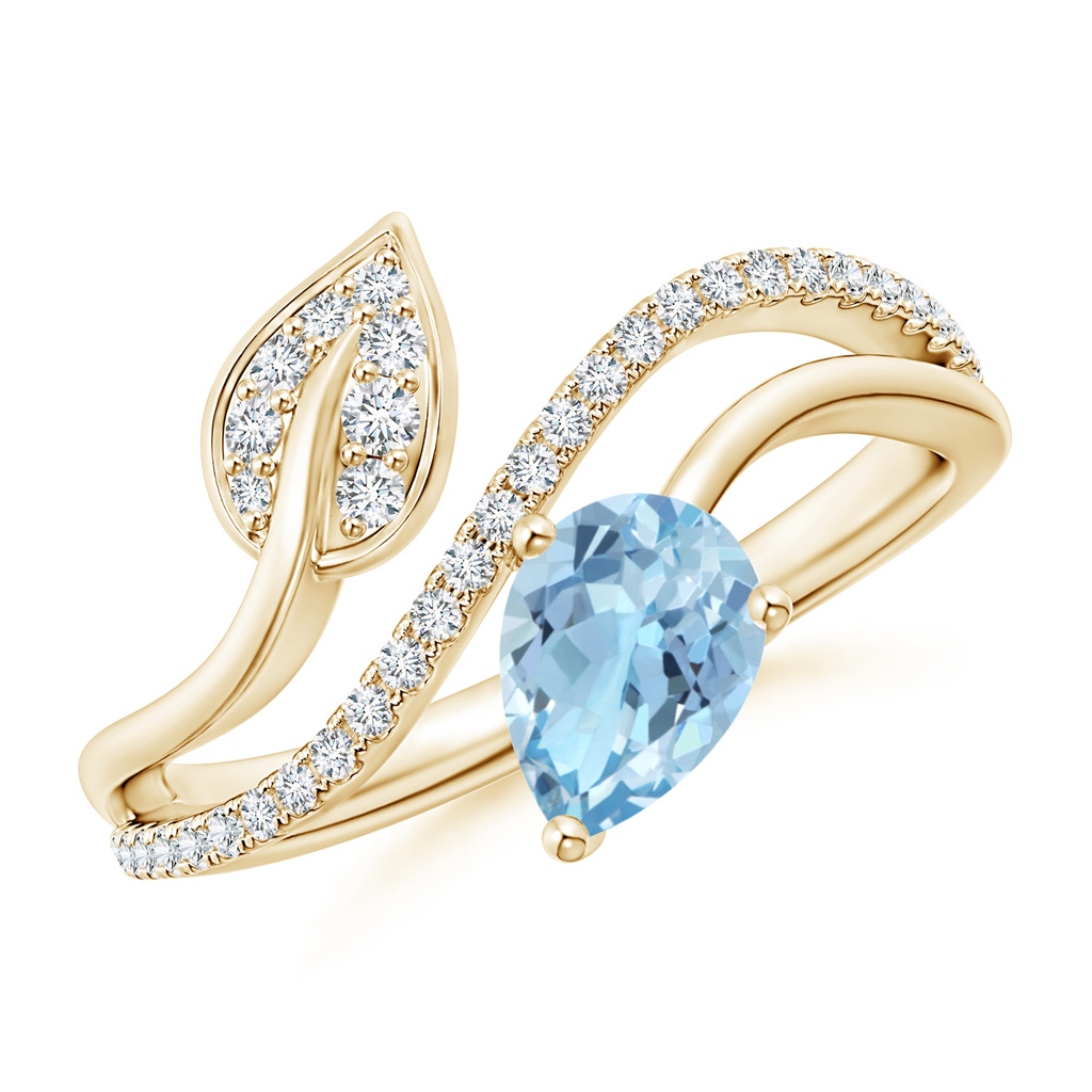 7x5mm AAA Aquamarine and Diamond Bypass Ring with Leaf Motif in Yellow Gold