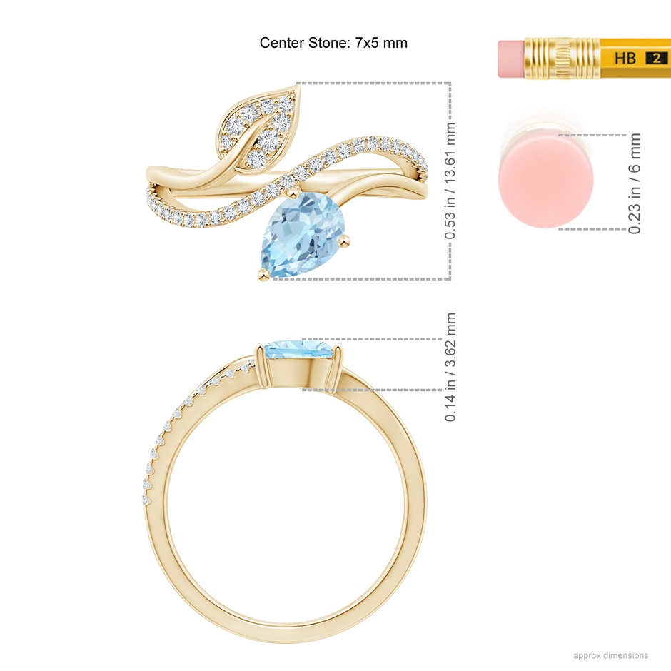 7x5mm AAA Aquamarine and Diamond Bypass Ring with Leaf Motif in Yellow Gold ruler