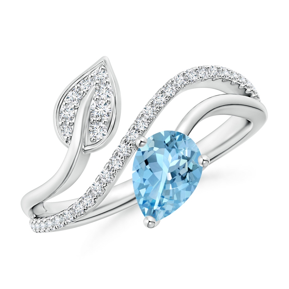 7x5mm AAAA Aquamarine and Diamond Bypass Ring with Leaf Motif in White Gold 