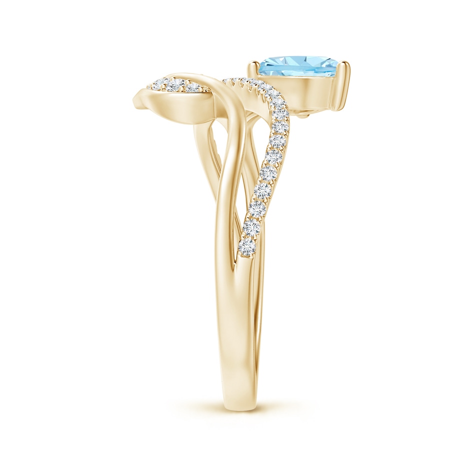 7x5mm AAAA Aquamarine and Diamond Bypass Ring with Leaf Motif in Yellow Gold side-2