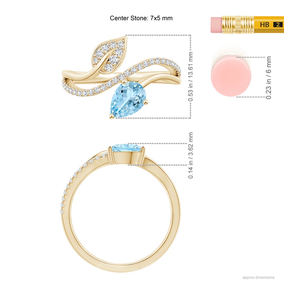 7x5mm AAAA Aquamarine and Diamond Bypass Ring with Leaf Motif in Yellow Gold ruler