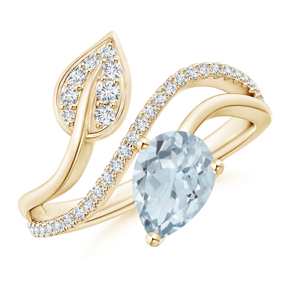8x6mm A Aquamarine and Diamond Bypass Ring with Leaf Motif in Yellow Gold 