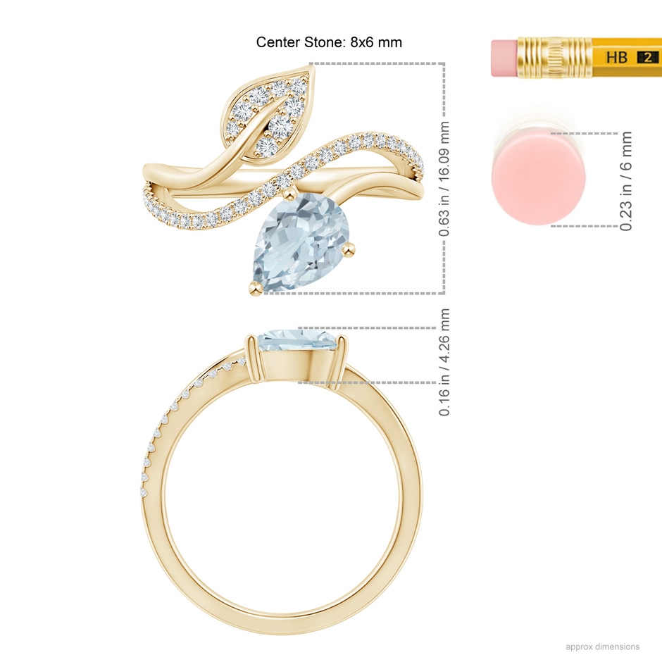8x6mm A Aquamarine and Diamond Bypass Ring with Leaf Motif in Yellow Gold ruler