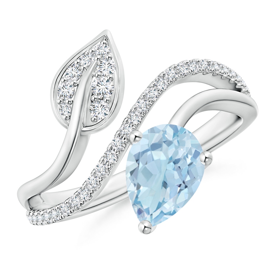 8x6mm AA Aquamarine and Diamond Bypass Ring with Leaf Motif in White Gold 