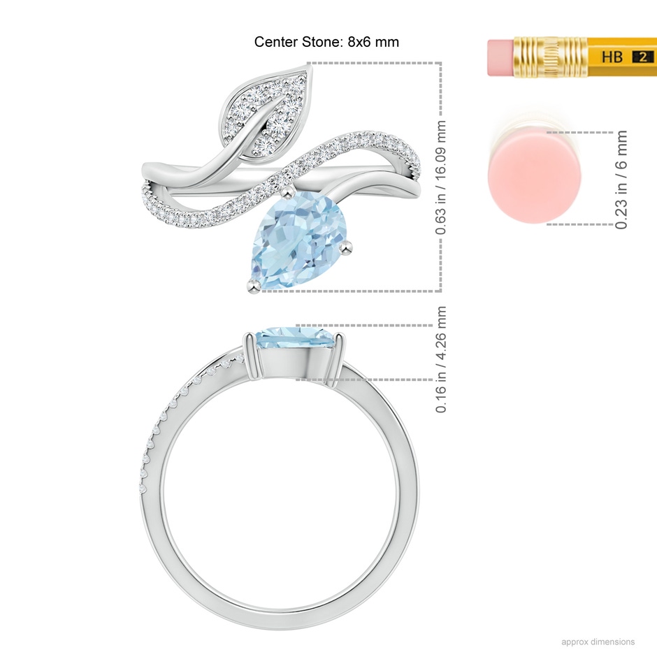 8x6mm AA Aquamarine and Diamond Bypass Ring with Leaf Motif in White Gold ruler