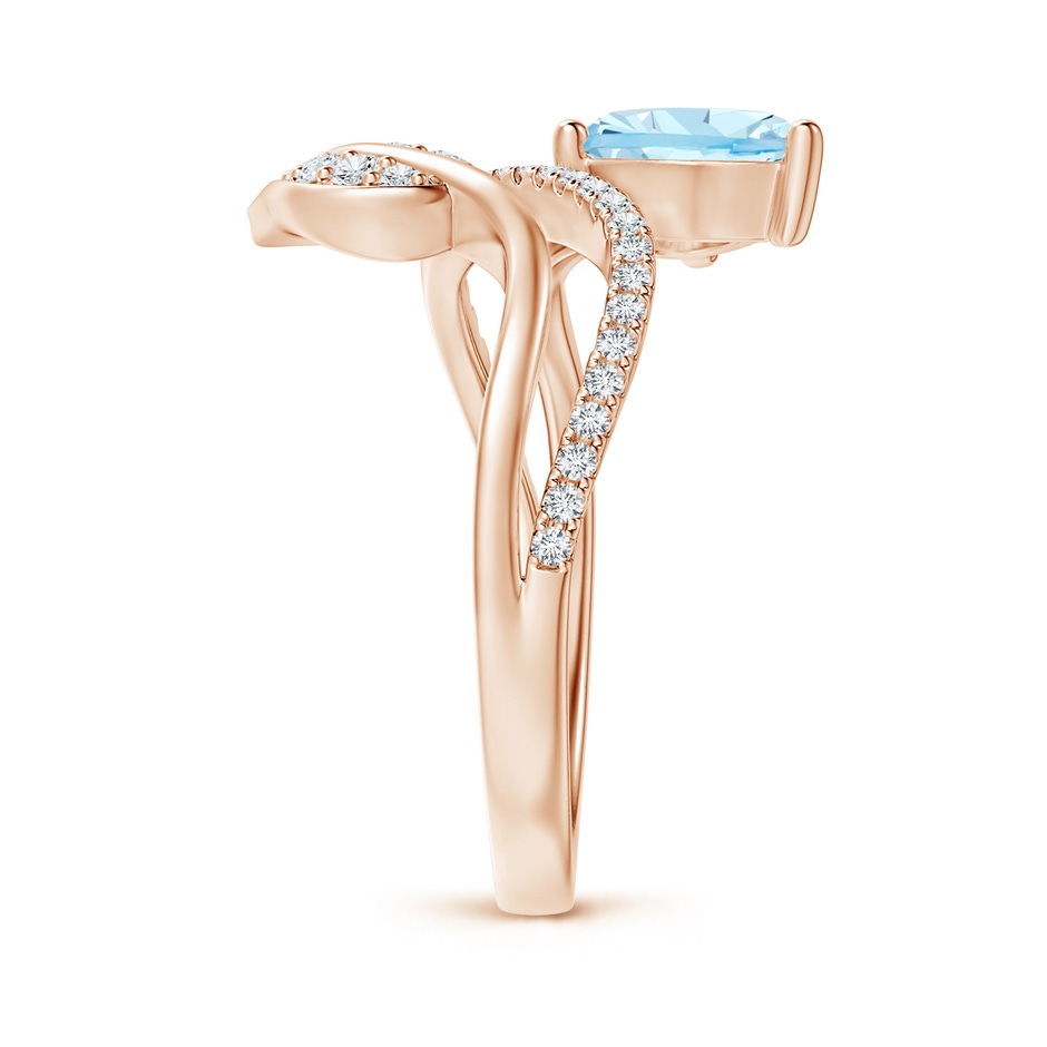 8x6mm AAA Aquamarine and Diamond Bypass Ring with Leaf Motif in Rose Gold side-2