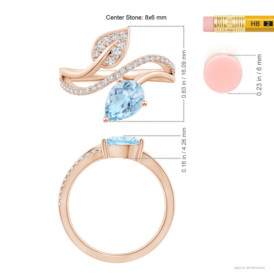 8x6mm AAA Aquamarine and Diamond Bypass Ring with Leaf Motif in Rose Gold ruler
