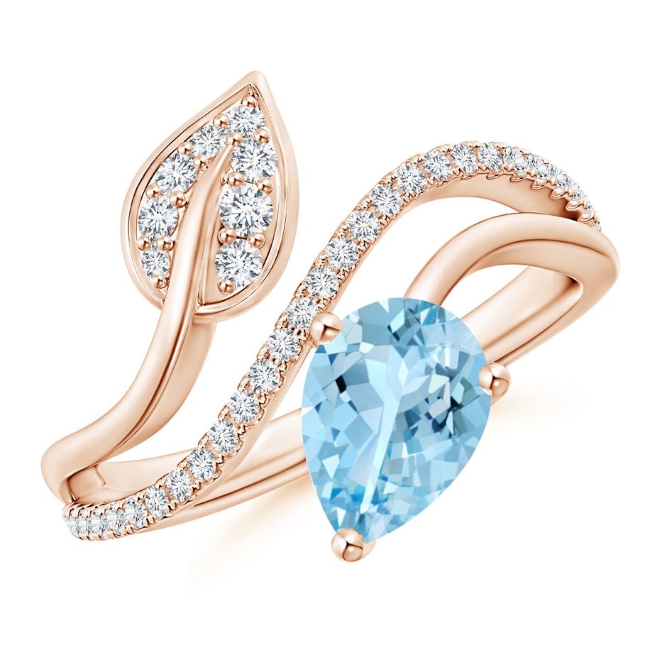 8x6mm AAAA Aquamarine and Diamond Bypass Ring with Leaf Motif in Rose Gold 