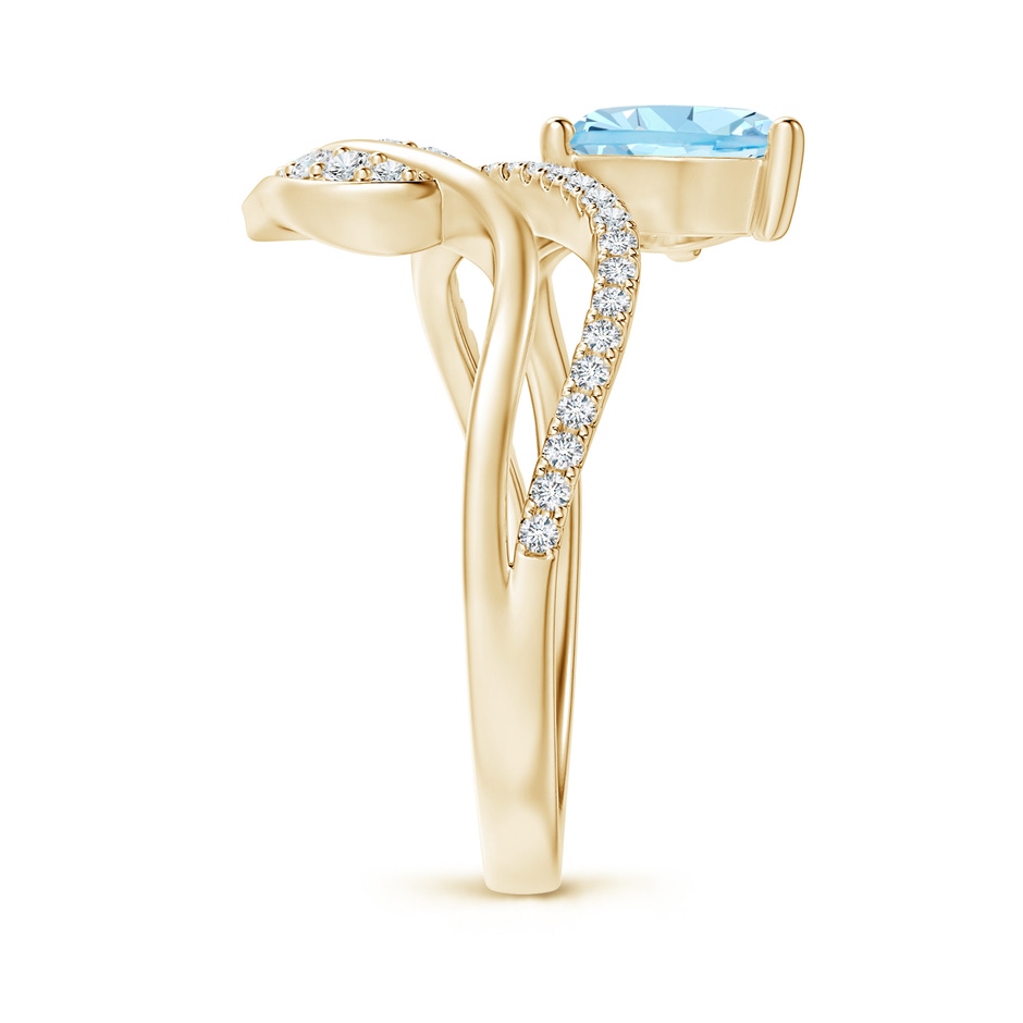 8x6mm AAAA Aquamarine and Diamond Bypass Ring with Leaf Motif in Yellow Gold side-2