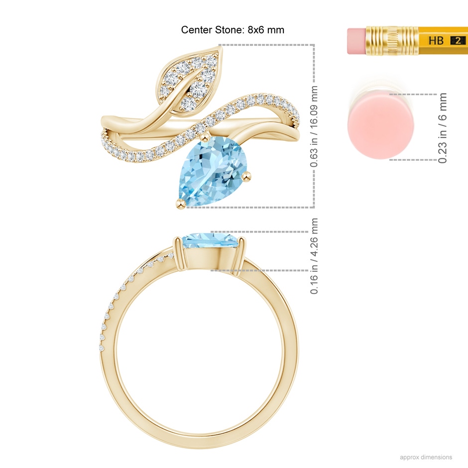 8x6mm AAAA Aquamarine and Diamond Bypass Ring with Leaf Motif in Yellow Gold ruler