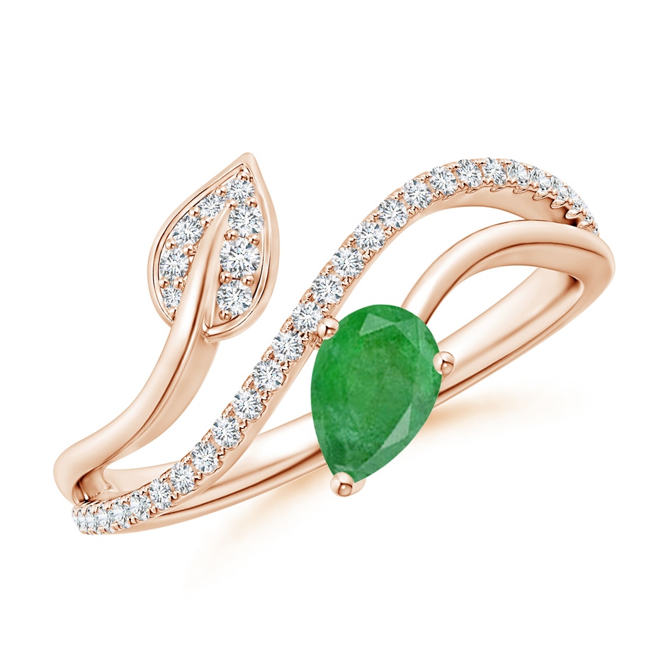 6x4mm A Emerald and Diamond Bypass Ring with Leaf Motif in Rose Gold 