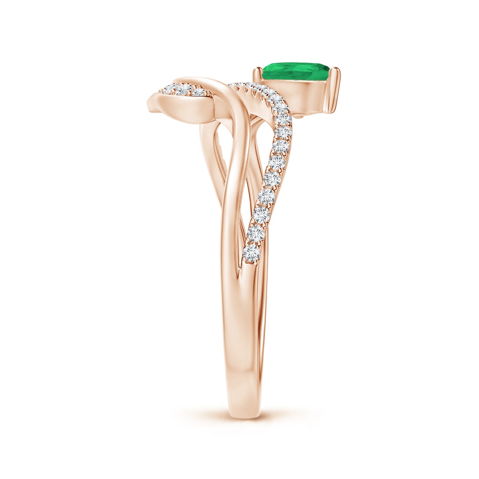 6x4mm A Emerald and Diamond Bypass Ring with Leaf Motif in Rose Gold Side-2