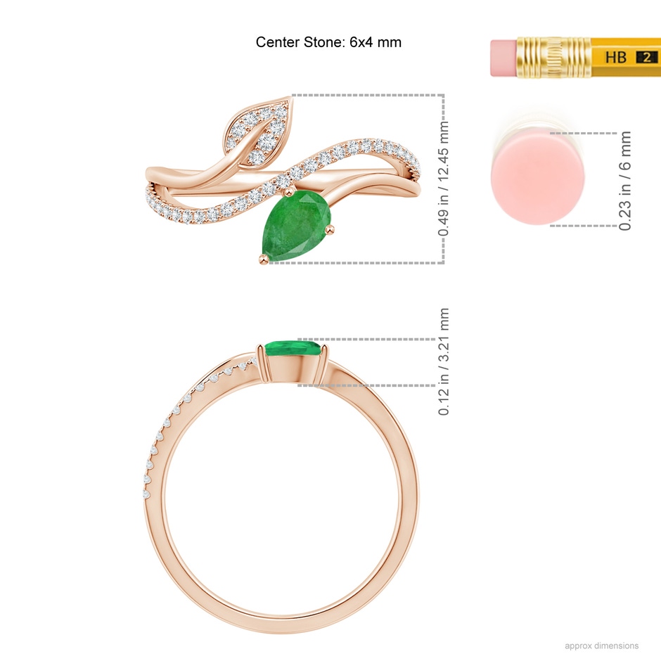 6x4mm A Emerald and Diamond Bypass Ring with Leaf Motif in Rose Gold Ruler