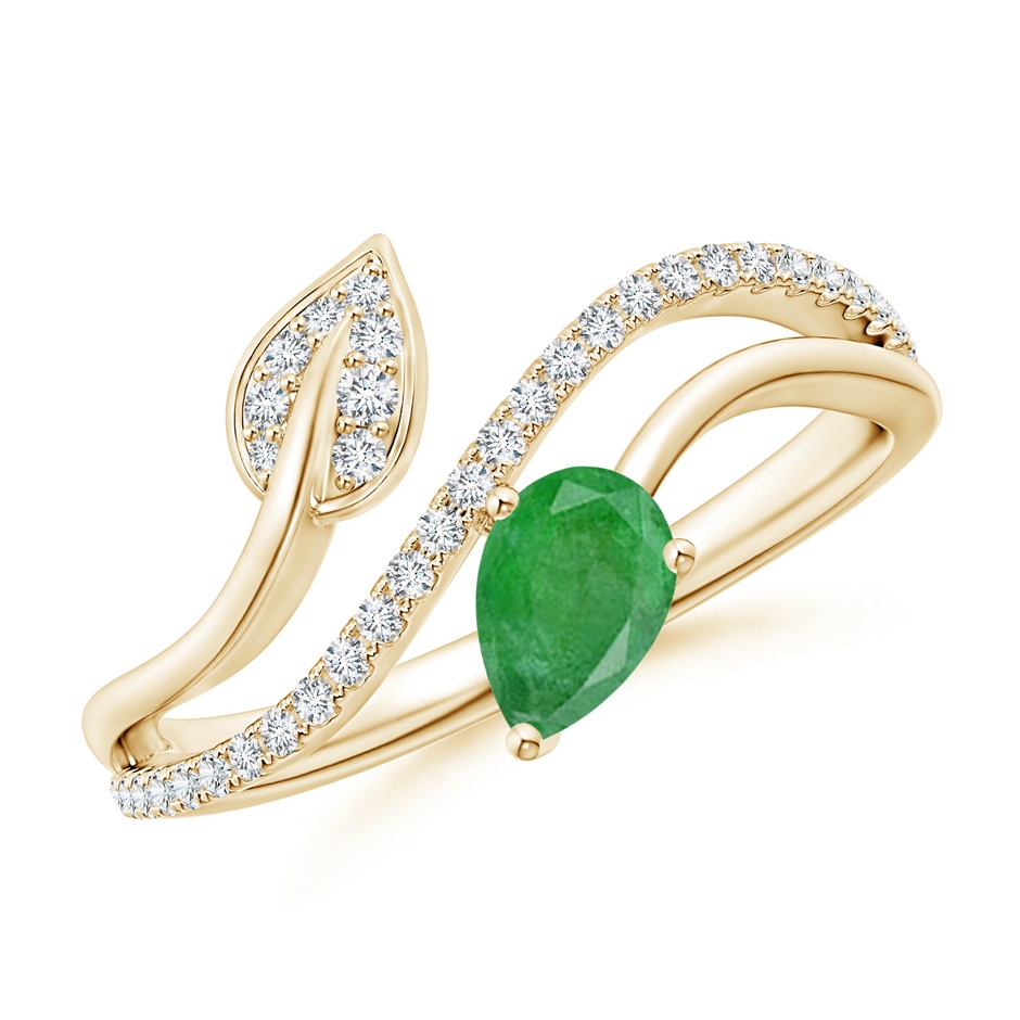 6x4mm A Emerald and Diamond Bypass Ring with Leaf Motif in Yellow Gold 