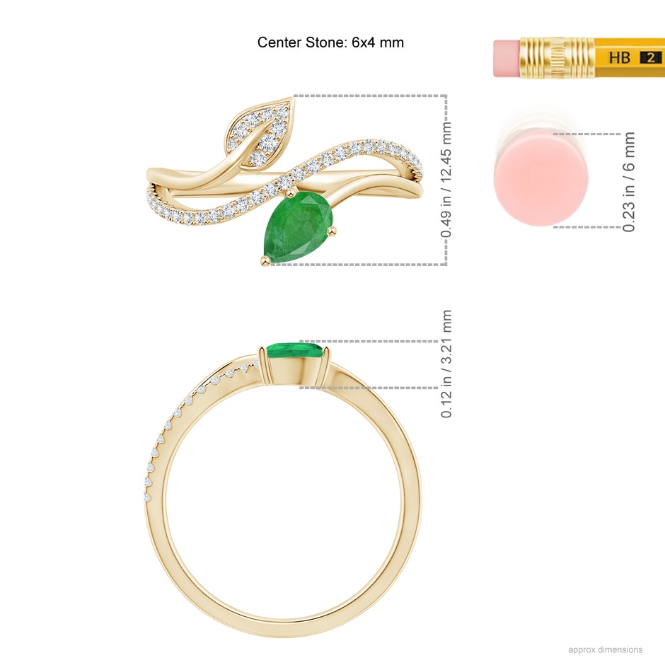 6x4mm A Emerald and Diamond Bypass Ring with Leaf Motif in Yellow Gold ruler